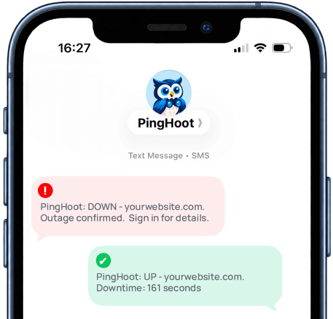 Example PingHoot SMS notification for a website outage