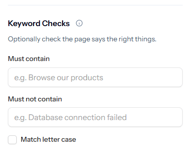 Example keyword settings for required text, forbidden text and case-sensitive matching