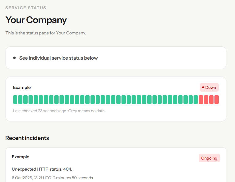 Example status page showing an ongoing website incident