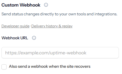 Webhook URL and recovery alert settings in the PingHoot monitor editor